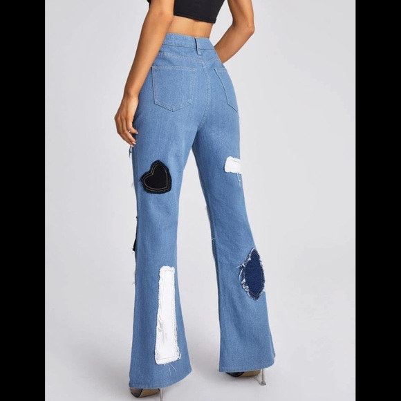 NEW High-Waisted Flare Leg Denim Jeans with Patches - Size M (6) & Size L (8/10) - Picture 4 of 7